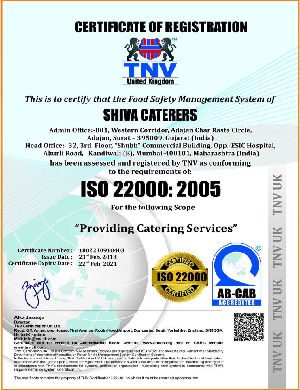  Shiva Cateres - ISO 22000:2005 