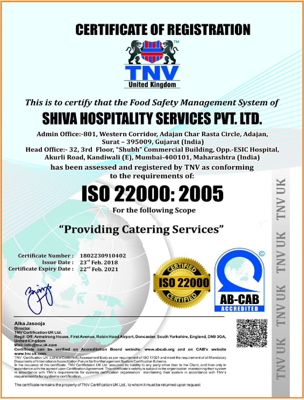  Shiva Hospitality Services - ISO 22000:2005 