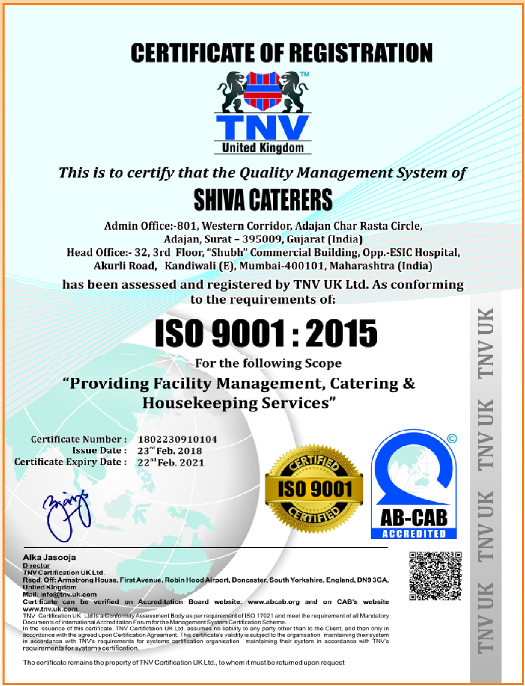  Shiva Cateres - ISO 9001:2015