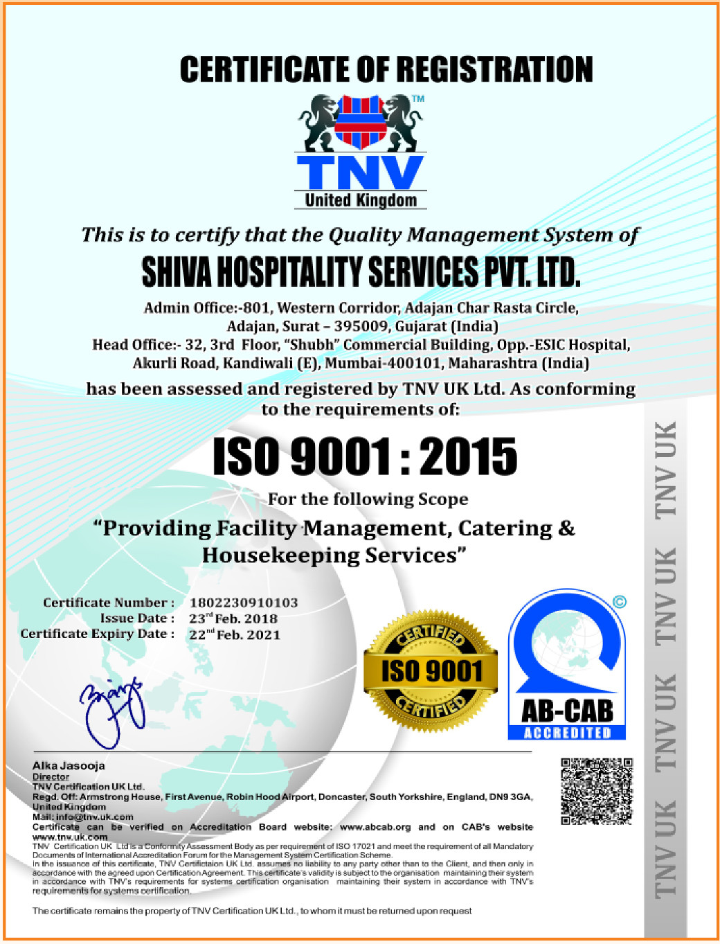  Shiva Hospitality Services - ISO 9001:2015
