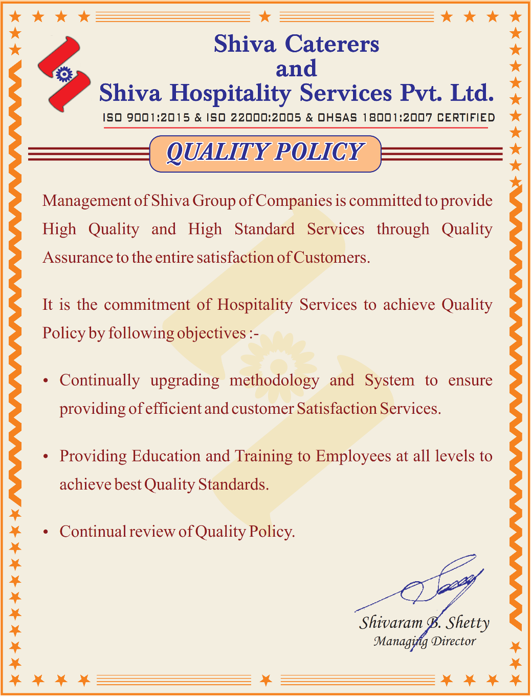  Shiva Hospitality Services - Quality Policy 