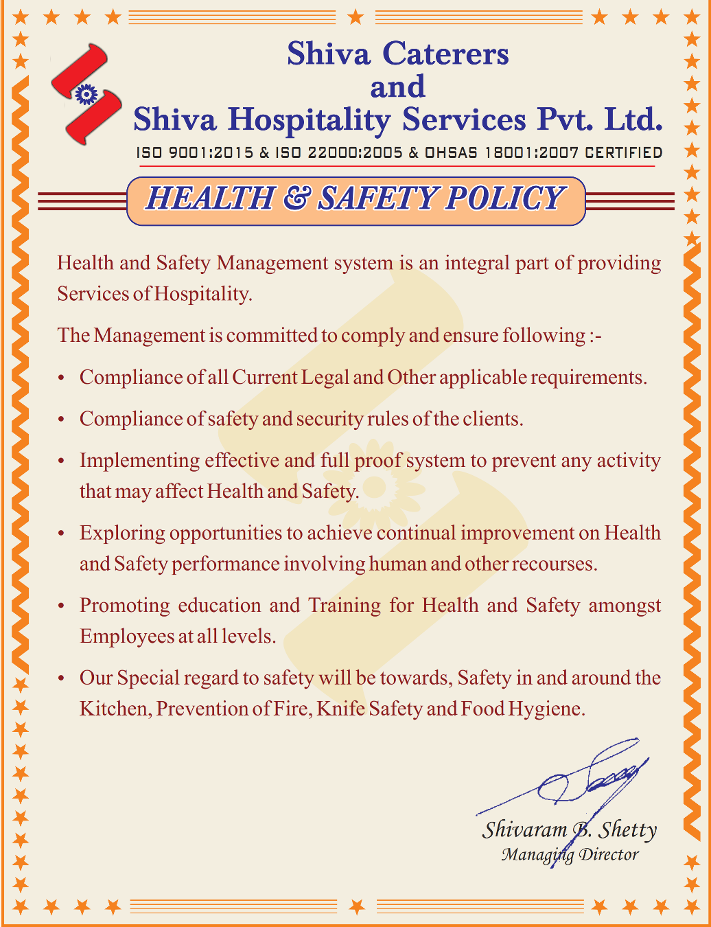  Shiva Hospitality Services - Health & Safety Policy