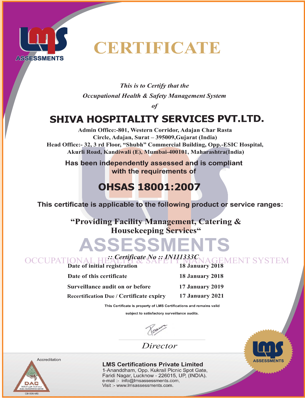  Shiva Hospitality Services - OHSAS 18001:2007